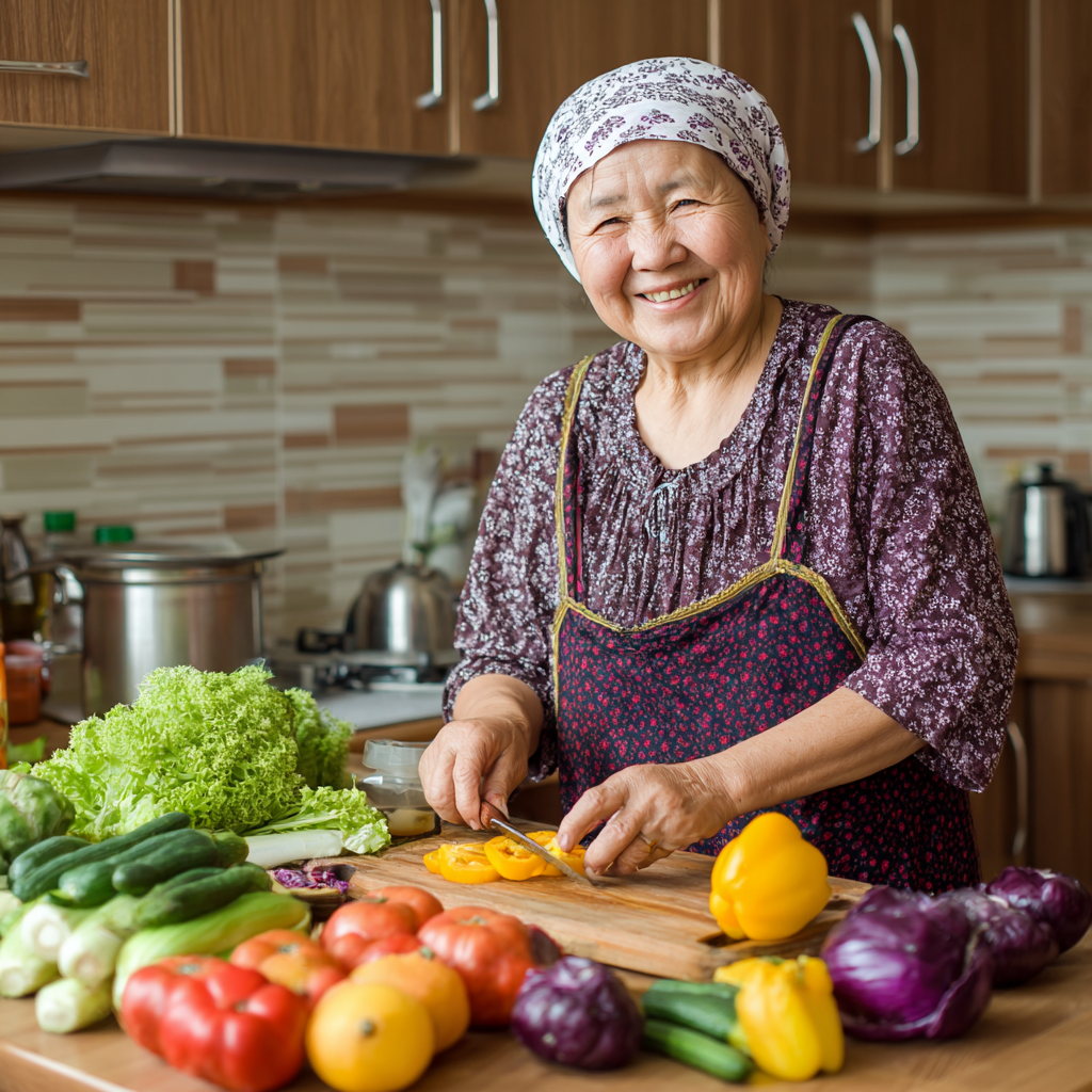 Счастливая пожилая европейская пара готовит здоровую растительную еду на современной кухне, улыбаясь и наслаждаясь процессом приготовления